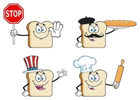 Funny anthropomorphic bread slice characters with different professions and accessories, including a stop sign, French baker, American patriot, and chef with a rolling pin vector