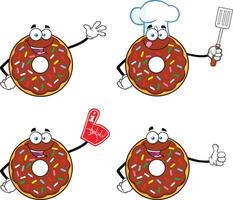 Funny Donut Character with Chocolate Icing and Sprinkles Making Gestures for Bakery, Cafe, and Dessert-Themed Designs vector
