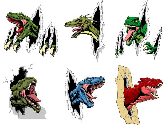 Cartoon Dinosaur Illustration Set Featuring Fierce Raptors Breaking Through Walls and Surfaces
