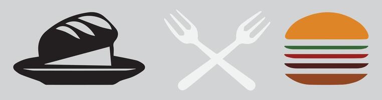 a set of different food items including a knife, fork and a burger vector
