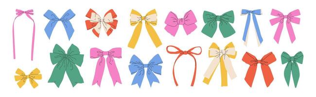 Simple Collection of Colorful Hand Drawn Ribbon Bows. Bow for Decoration, Large Set of Butterflies. Large Set of Retro Ribbon Illustrations. Set of Various Cartoon Bows, Delicate Gift Ribbons vector