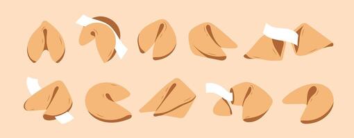 Set of fortune cookies with prediction paper. Traditional Chinese flowerless wisdom cookies. A fun lottery with a surprise in a crispy dessert. illustration retro style 80s vector