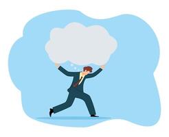 Over thinking obsessive in work. Too many problems that cannot make decision concept tried depressed. Businessman carry heavy thinking bubble burden vector