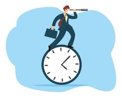 businessman using telescope and standing on clock. Time management concept. concept of success. vision of future vector