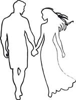 Couple holding hands while walking together. Contour drawing in black color. vector