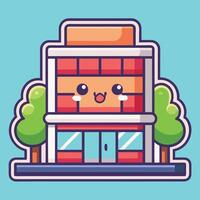 a cartoon building with a face and a tree, vector