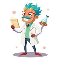 cartoon scientist holding a paper and a flask vector