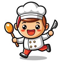 cartoon chef running with a spoon and spatula, vector