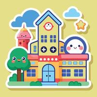 a cartoon school building with a clock and trees vector