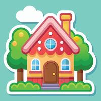 cartoon house with trees and bushes on a blue background on a white background vector