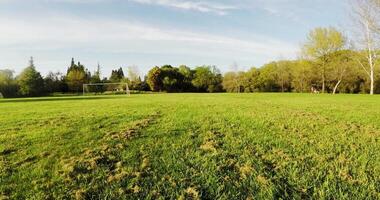 View From Drone Just Above Grass At Park With Blue Sky And White Clouds Soccer Net video