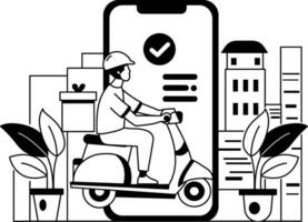 A glyph illustration of a delivery driver on a scooter using a smartphone delivery app vector