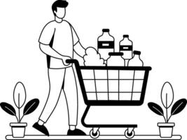A glyph illustration of a man railing a grocery cart vector