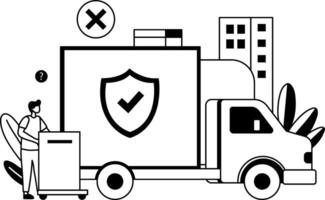A glyph illustration of a delivery truck with a shield symbol, indicating safe and reliable delivery service vector