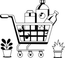 A glyph illustration of a shopping cart filled with groceries vector