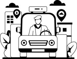 A glyph illustration of a delivery driver in a car, driving towards a location pin vector