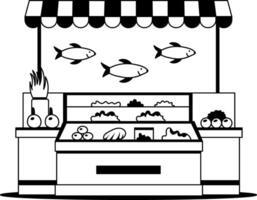 A glyph illustration of a fish market stall with various types of fresh seafood on display vector