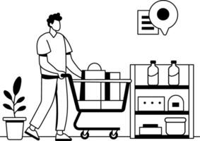 A glyph illustration of man with shopping trolley vector
