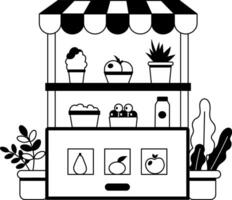 A glyph illustration of a grocery stall with shelves stocked with fruits, vegetables, and drinks vector