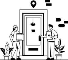 A glyph illustration of a delivery person handing over a package to a customer at their doorstep vector
