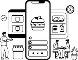 A glyph illustration of people using a mobile app for food order vector