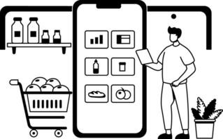 A glyph illustration of a man using grocery app for shopping vector