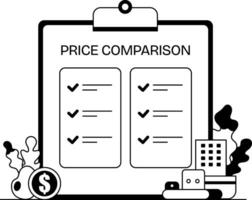 A glyph illustration of a clipboard with a checklist for price comparison vector