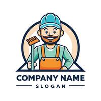 a man with a broom and a hat holding a sign that says com on a white backgroundpany name vector