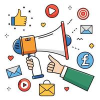 a hand holding a megaphone with social icons around it on a white background vector