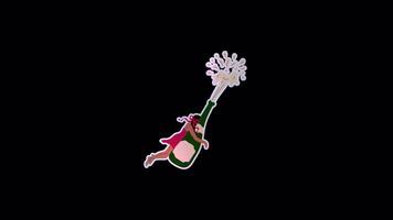 Animated woman flying with a champagne bottle in a festive party scene. Transparent alpha channel background for easy editing and compositing video
