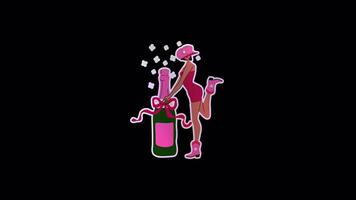 Animated woman in a pink dress wearing a cowboy hat and boots, holding a champagne bottle in a festive party scene. Transparent alpha channel background for easy editing and compositing video