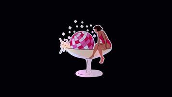 Animated woman sitting on a glass with a disco ball in a festive party scene. Transparent alpha channel background for easy editing and compositing video