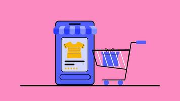 An animation of an online store and a shopping cart, representing online shopping activity video