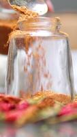 grind in an automatic blender grind red chili pepper woman hand's added ingredients like salt and sugar into the fresh chili in the mortar to make Sambal, Traditional Indonesian Spicy Condiment video