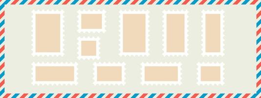 Postage stamp blank templates set. illustration old mail patterns isolated on beige background. Jagged wavy edge forms. Paper postmarks kit. Postal shapes border. Frames for letter. vector