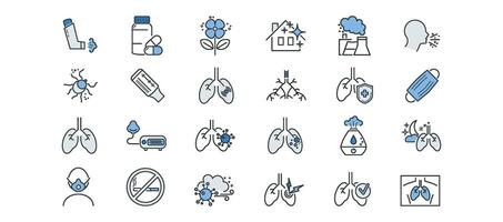 Asthma line icons set. Respiratory diseases, lungs, bronchi, spirometer, inhaler, allergens, x-ray, chest cavity, nibulizer, asthma attack illustration. Editable Strokes vector