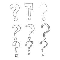 A hand-drawn set of question marks in black ink on a white background in a simple style vector
