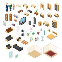 isometric Interior furniture elements and objects Icon Set vector
