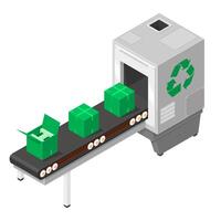 Isometric Recycling Plant Modern Factory Assembly Line Machine With Green Boxes on conveyor belt - Color Illustration Icon vector