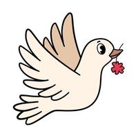 Groovy retro dove of peace with flower in beak. Valentine day illustration. vector