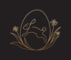 Gold minimalist easter concept on the black background. Egg, bunny, daffodils. Design for logotype, greeting card. Elegance illustration. vector