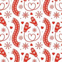 A charming seamless pattern featuring mittens and heart shaped scarves, perfect for Valentines Day. This delightful design captures the warmth and love of the holiday, for romantic themed projects vector