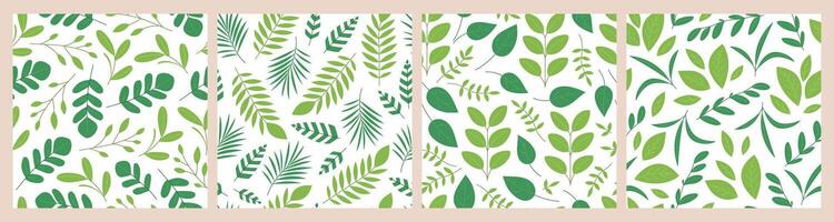 Branches and leaves seamless patterns set. Green collection with different foliage on white background. Summer or spring garden, forest. Flat illustration for wallpaper, textile, packaging vector