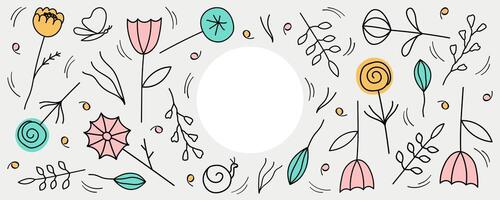 Banner with different Spring or Summer abstract Flowers for text. Hand drawn Background with blooming plants in minimalist style for web, print, paper. Design card for seasons and holidays vector