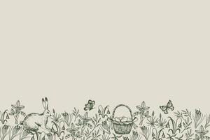 Easter banner with chicken nest, eggs, bunny and flowers on field in engraved vintage style. Hand drawn Paschal festive spring background with blooming meadow for text. Christian border vector