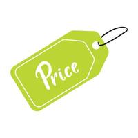 Bright green price tag with clear text hanging from a black string vector