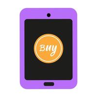 Graphic depicting a tablet with a buy button in bright colors for online shopping promotion vector