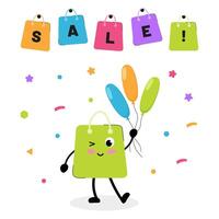 Happy shopping bag character celebrates sale with colorful balloons and decorations vector