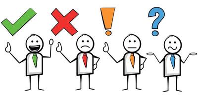 Stickman character review symbols, positive, negative or question mark analysis vector