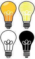 Set of Lightbulb designs in Colour, Scribble, White and Black and Black and White, graphic for an idea, enlightenment or inspiration concept, isolated on a white background. vector